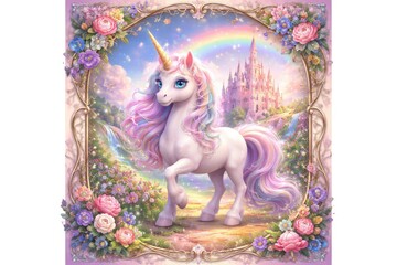 Obraz premium Whimsical cartoon unicorn with magical fairy tale castle frame