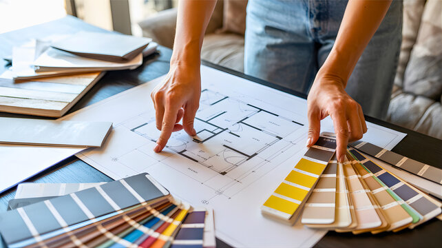 Creative professional pointing at architectural blueprints, surrounded by color swatches and material samples, meticulously planning interior design for a modern home
