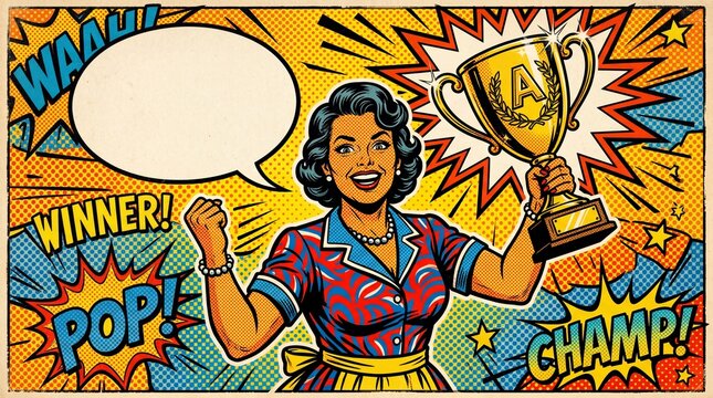 Pop Art Comic Book Style Mother Holding a Trophy