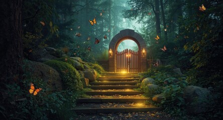 Obraz premium Enchanted forest scene with magical gate and glowing stairs under fluttering butterflies