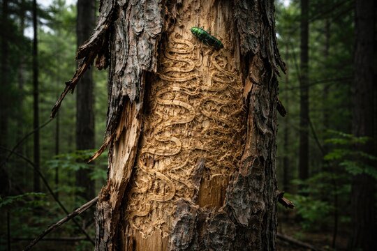 Dead tree suffering from emerald ash borer damage with visible larval tunnels under bark