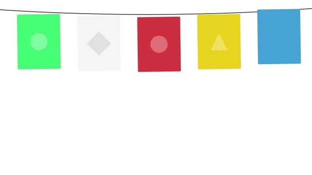Colorful Tibetan Prayer Flags Swaying on String with Geometric Symbols Animation Isolated on White Background for Spiritual Peace and Meditation