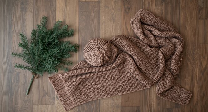 Knitted scarf for winter arranged on wooden floor beside fir twig festive season top down view