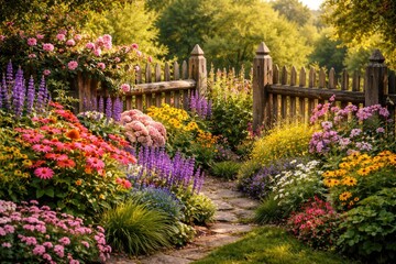 Obraz premium Beautiful garden with vibrant shrubs and blooming flowers near a rustic wooden fence