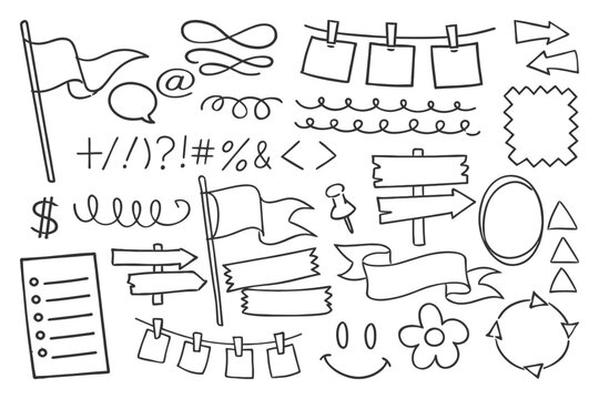 Hand-Drawn Doodle Elements. Flags, Arrows, Ribbons and Icons
