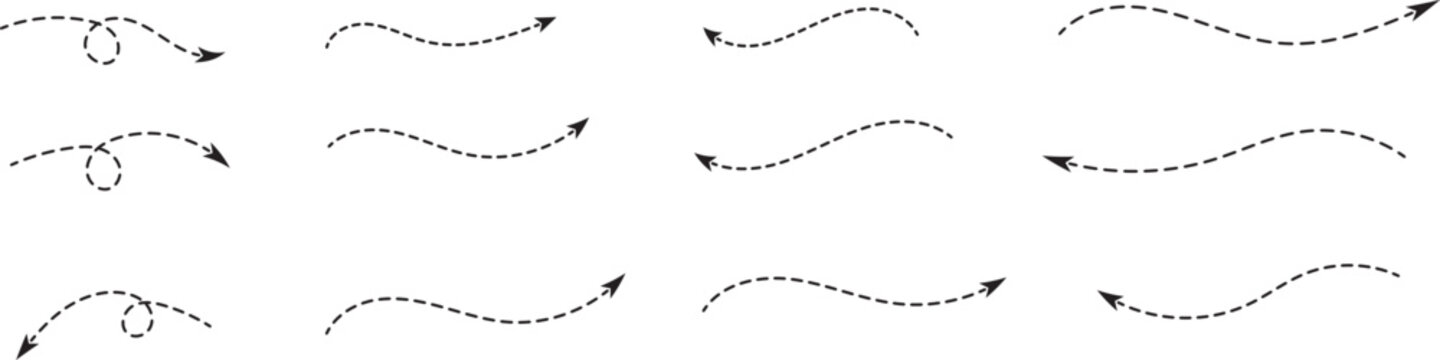 Hand drawn dot arrow vector set. Hand drawn line doodle arrow, curve arrow icon vector set.