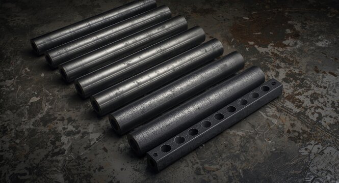 Steel and cast iron rollers and billets arranged on factory work surface