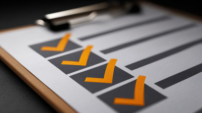 Checklist clipboard paper with orange check mark and line list for task planning and approval, close up, office concept