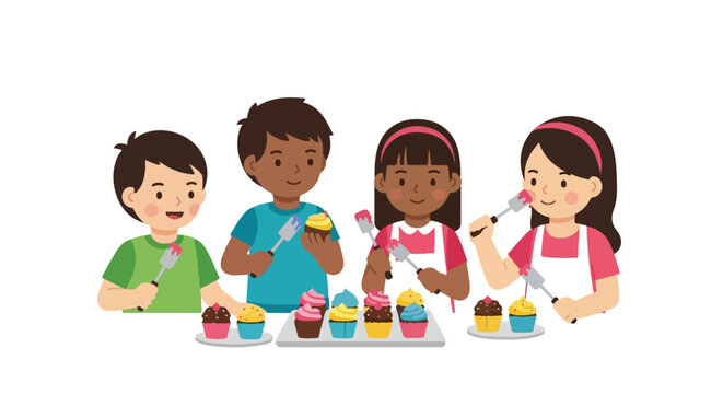 Four happy children are gathered around a table, joyfully decorating a variety of colorful cupcakes with pink frosting using small spatulas.
