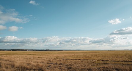 Fototapeta premium Spacious airfield view with scattered soft clouds and bright sky offering generous copyspace