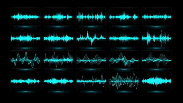 Set of Digital Audio Sound Waveform Vector Illustrations featuring Neon Blue Pulse Patterns for Music Technology and Data Visualization Graphic Design Projects