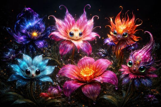 vibrant bizarre flowers with unique imaginative characters on a dark backdrop