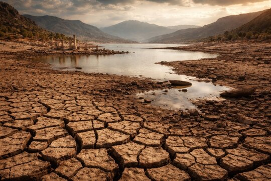 Severe drought effect on ancient lake with scarce water and parched cracked soil