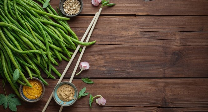 Rustic wooden surface featuring green beans and mustard bowls beside raw Sichuan zha cai with copy space