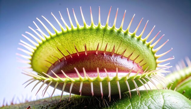 Close-up of a vibrant green Venus flytrap with its trap open, revealing the reddish interior and sharp teeth-like cilia along the edges, ready to catch insects.