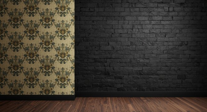 Vintage wallpaper background accented by textured black brick wall surface