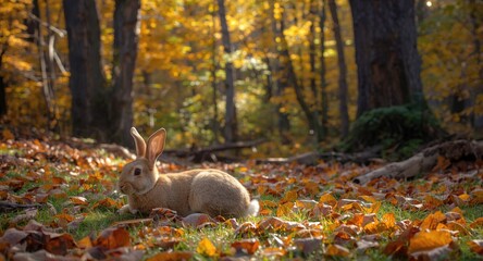 Naklejka premium Gentle rabbit resting in a bright fall forest clearing with colorful leaves and tall trees