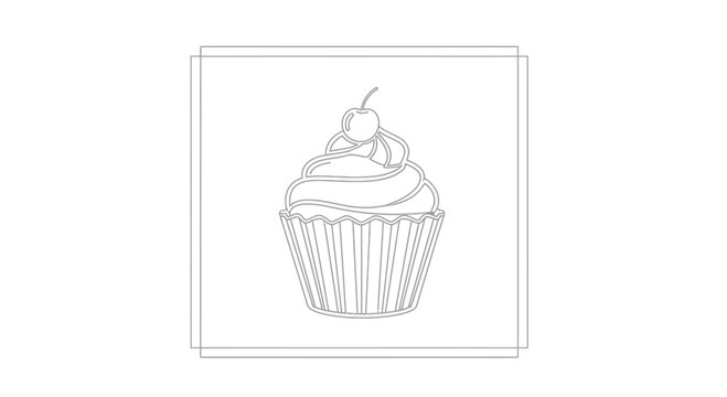 Minimalist Line Art Cupcake with Cherry on Top - Simple Sweet Dessert Icon