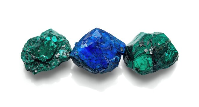 Unpolished azurite and malachite stones close detailed view on clean white backdrop