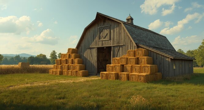 Wooden barn in cartoon countryside with neatly stacked square hay bales