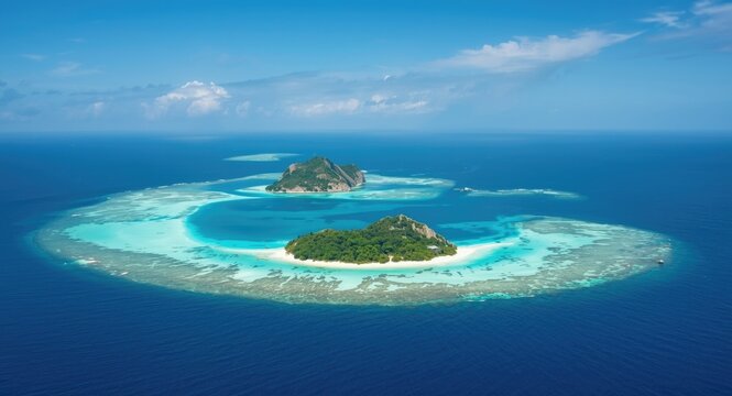Pleasant islet surrounded by twin islands featuring a cherished blue lagoon and vibrant sea hues
