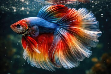 Fototapeta premium Detailed close up of a vibrant betta halfmoon fish with flowing fins
