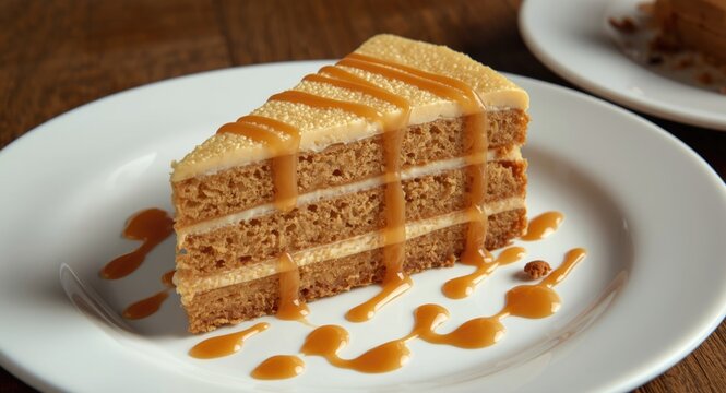 Sumptuous Hungarian Dobosh cake slice with caramel drizzled layers on a white dessert plate