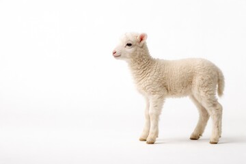 Obraz premium Full length side view of a young lamb on white background showing innocence and sacrifice with copy space