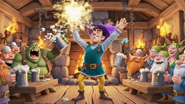 Cartoon musician playing flute among fantasy creatures in a tavern