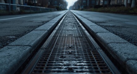 Fototapeta premium Sustainable city drainage using concrete road channels and metal grate covers