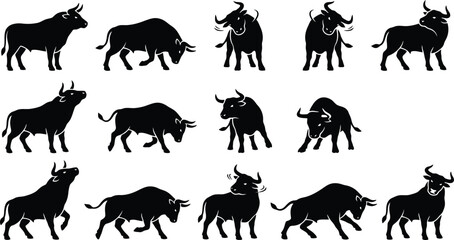 Fototapeta premium Dynamic bull silhouette vector collection. Features various poses of powerful oxen, including charging, standing, and aggressive stances. Ideal for financial market graphics and sports team logos.