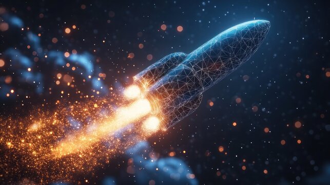 Futuristic rocket launch, abstract design with glowing particles