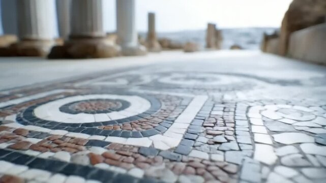 Mosaic pathway leading to a serene coastal view
