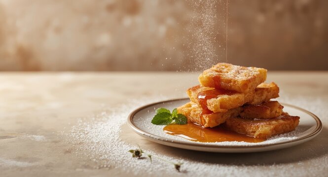 Spanish torrijas dessert showcasing crispy fried bread drizzled with caramel sauce