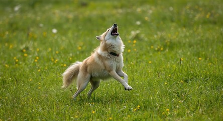 Naklejka premium Happy Arctic wolf leaping playfully on bright green grass in summer