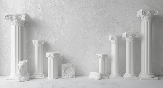 White plaster columns and pilasters arranged against a softly illuminated gypsum background