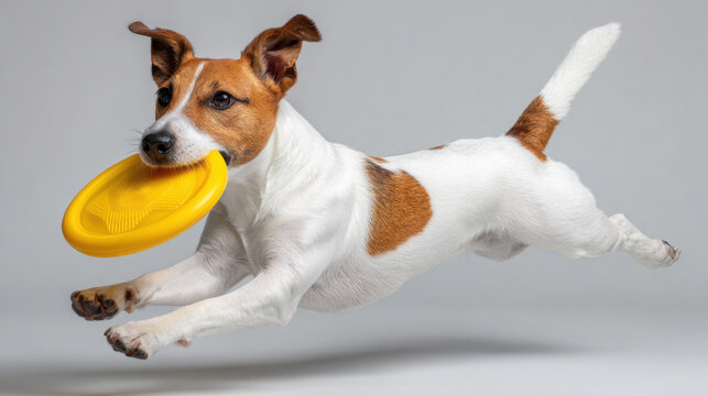 Jack russell terrier dog pet disc toy jumping running white brown playful energetic agile active canine fetch action studio isolated gray background full body small breed short hair ears tail