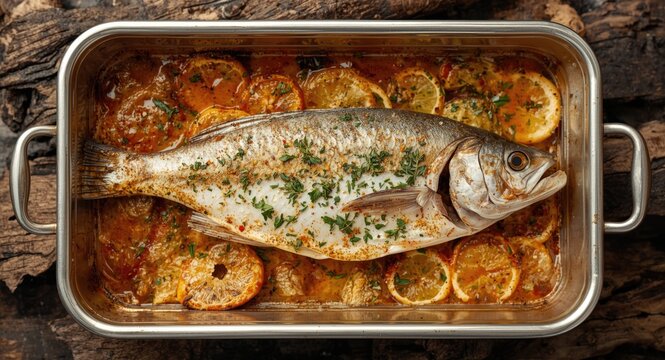 Oven cooked whole branzino with lemon and aromatic herbs in metal baking dish over wood