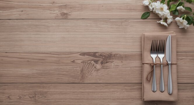 Top down arrangement of Thanksgiving setting with cutlery and napkin on natural wooden table surface and blank space