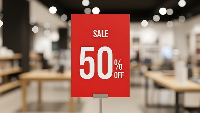 Red Sale Sign Announcing 50 Percent Off Discount in Store.