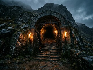 Fototapeta premium A mysterious and foreboding medieval dungeon or mine entrance carved into rock, lit by flickering wall torches.