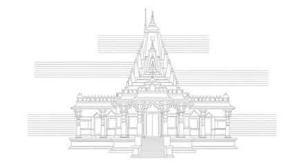 Naklejka premium Indian Temple Architecture Line Drawing, Traditional Hindu Temple Facade, Cultural Landmark