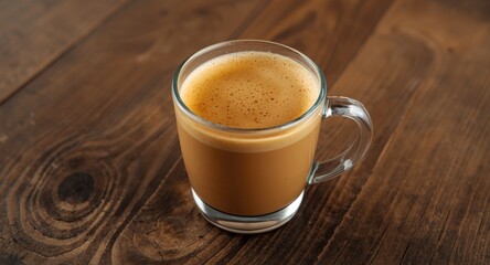 Obraz premium Transparent glass cup filled with silky latte coffee on raw wooden table