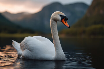 Fototapeta premium White swan on calm lake at sunset with mountain background, serene wildlife scene