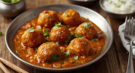 Fototapeta premium Golden fried potato and paneer balls from Mughlai tradition served in spicy onion tomato gravy