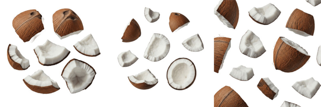 Set of fresh coconut pieces and broken chunks isolated on white background