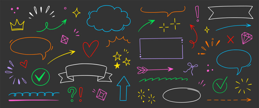 Cute arrow, star, frame hand drawn line set. Cute arrow line hand drawn heart underline dairy element icon. Star frame, doodle cloud marker sketch cartoon children colorful love. Vector illustration
