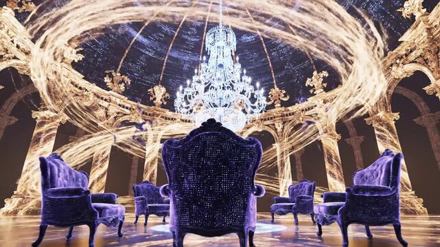 Grand hall with crystal chandelier, glowing pillars, and cosmic ceiling