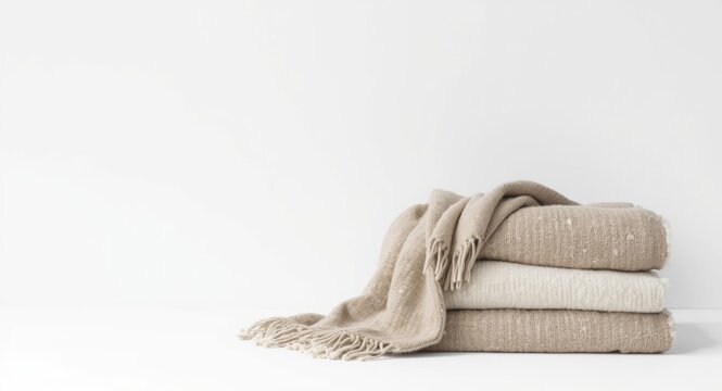 soft wool beige blankets featuring Scandinavian boho modern accents on white backdrop