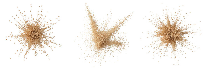 Explosion of brown sugar or sand particles isolated on white background © Julian